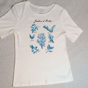 Talbots Women's White Tee with Blue Botanical Design